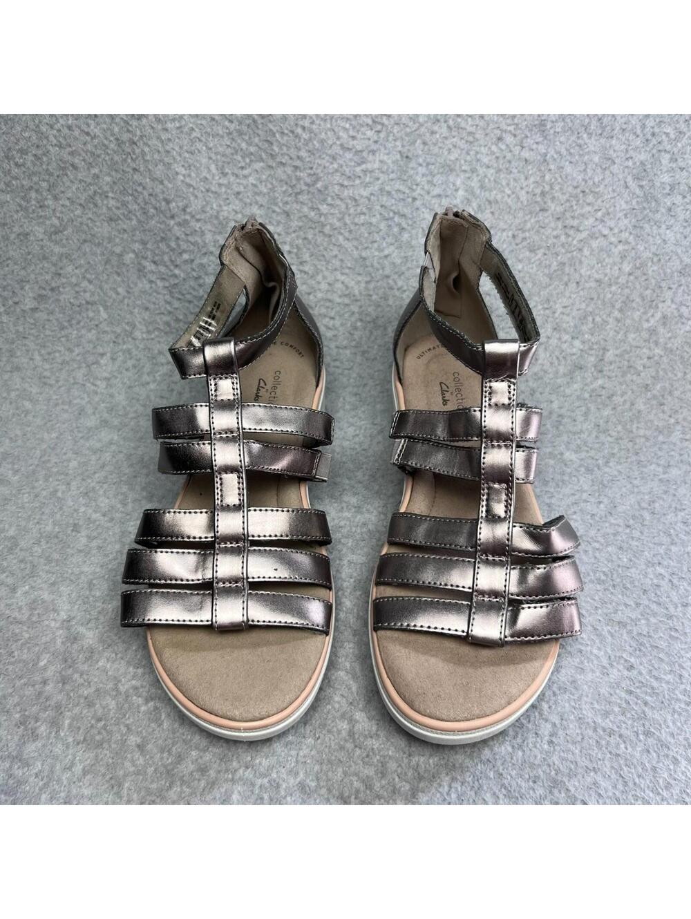 Clarks Jillian Nina Pewter Metallic Leather Gladiator Wedge Sandals 9 M New